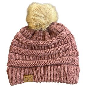 C.C pink winter, hat, faux fur pom-pom pink knitted